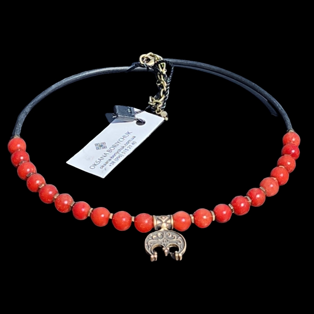 Oksana Boriychuk Red Coral Choker Necklace with Bronze Pendant Like New…